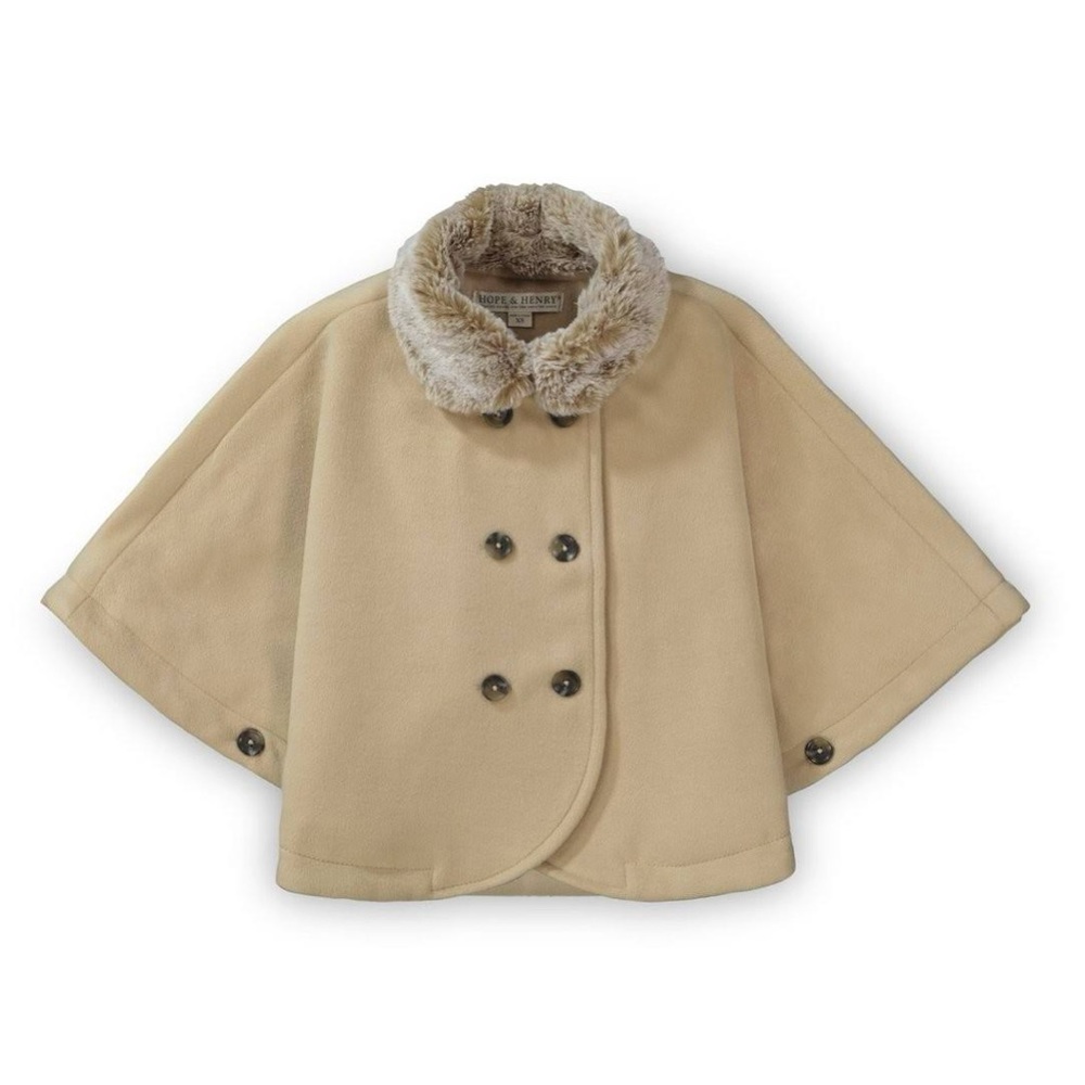Hope & Henry Girls Button Front Cape with Faux Fur Collar